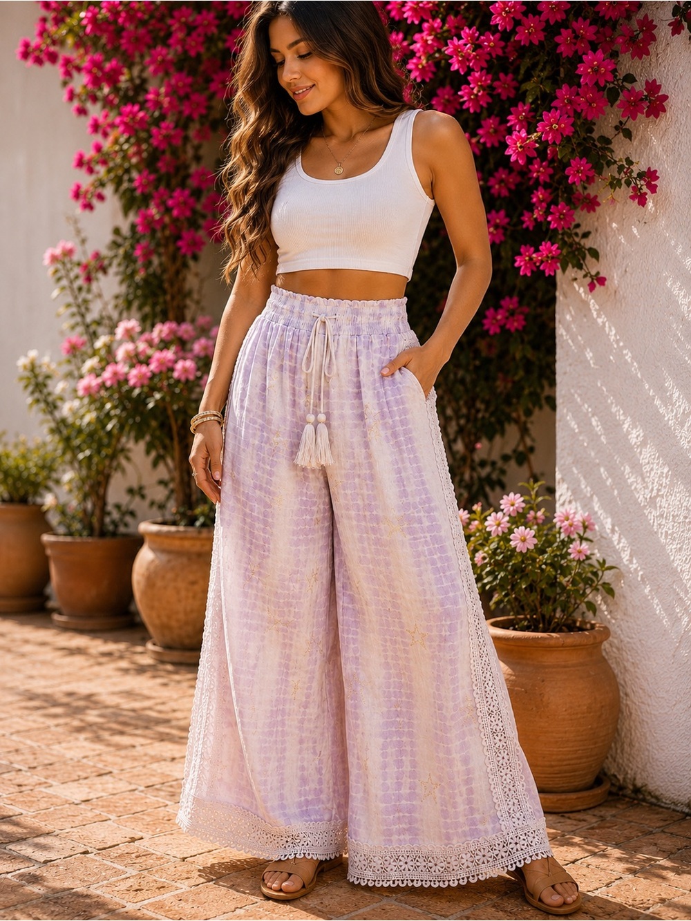 🌙✨🆕 Boho Chic Lilac Palazzo Pants Crochet Trim & Gold Star Print Size S